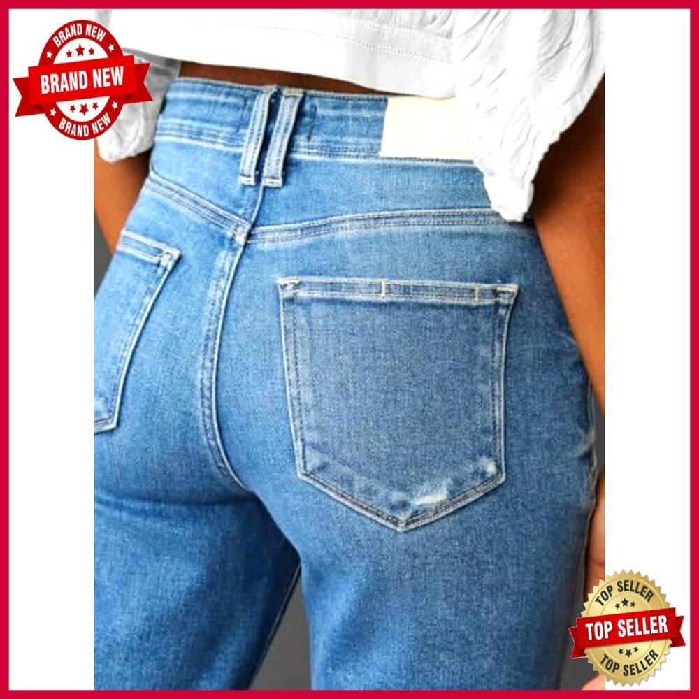 Women's High Waist Wide Leg Stretch Jeans Straight Fit Casual Pants - Picture 5 of 6